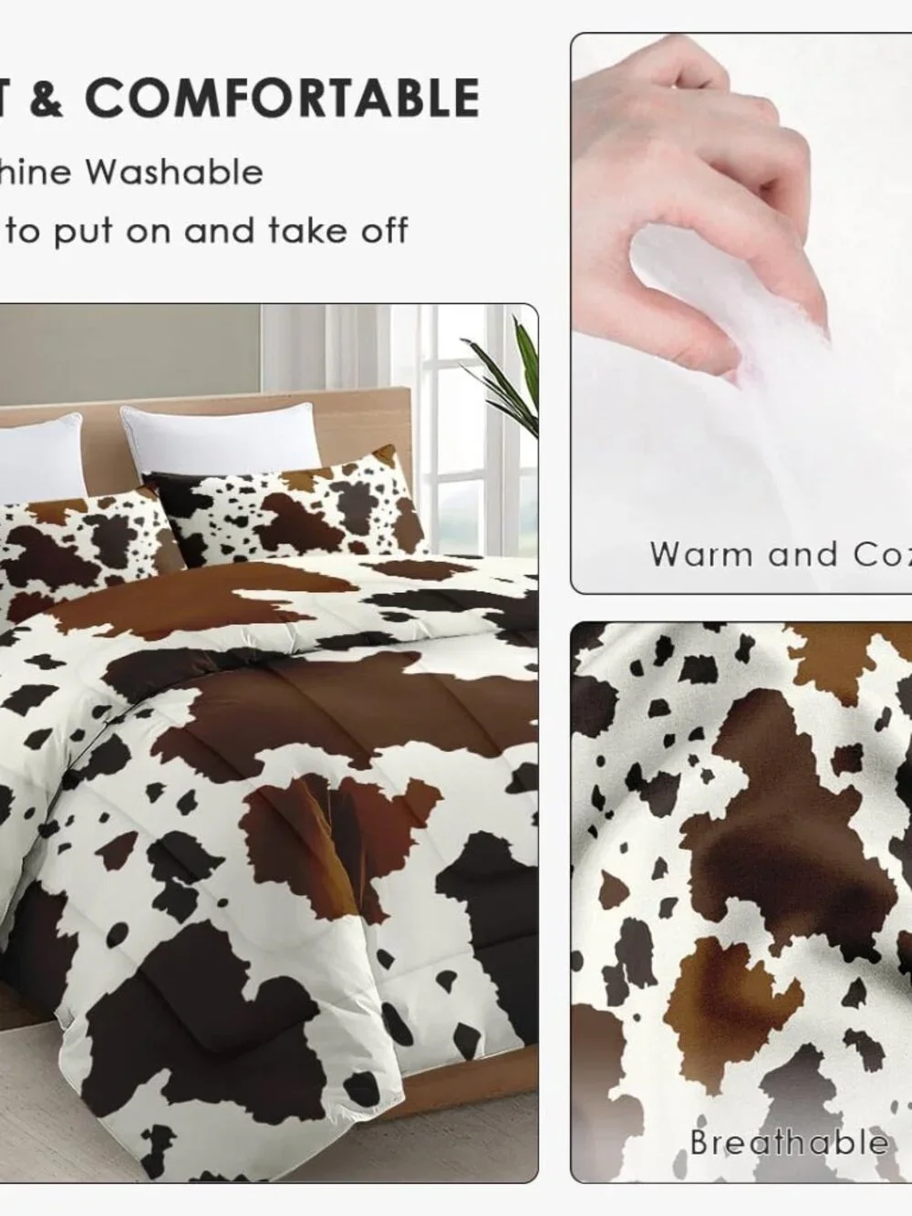 Queen Comforter Set, 3 Pieces Cowhide Cow Bedding, All Season | Western Farmhous